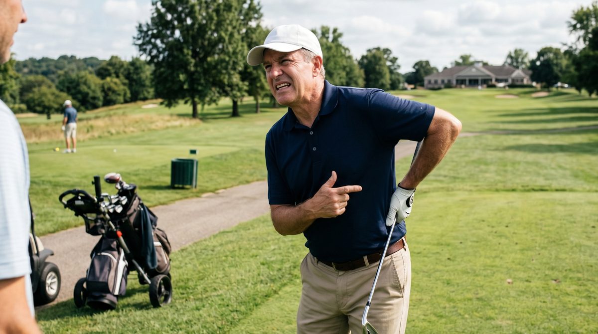 A male golfer on the course holding his lower back with a pained expression while talking with a playing partner.