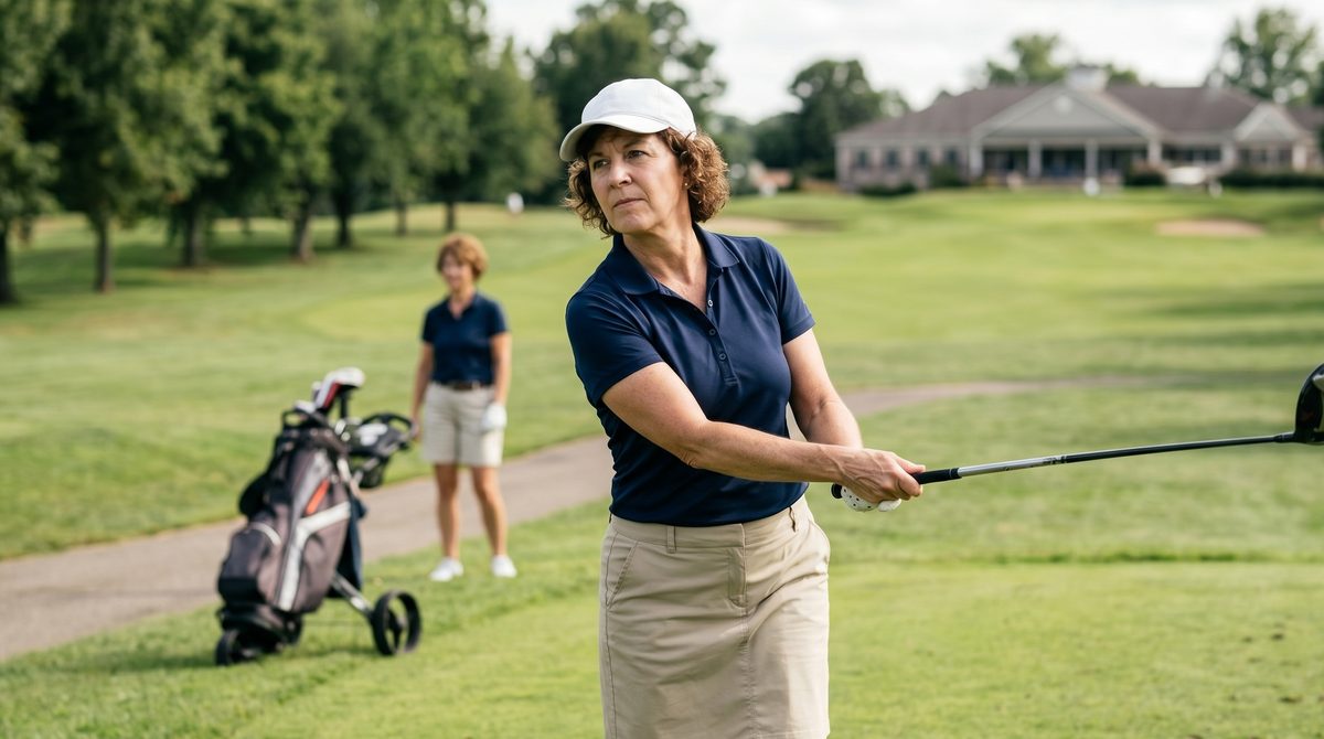 A woman golfer in her follow-through after a tee shot on a golf course, with a playing partner and golf bag behind her.